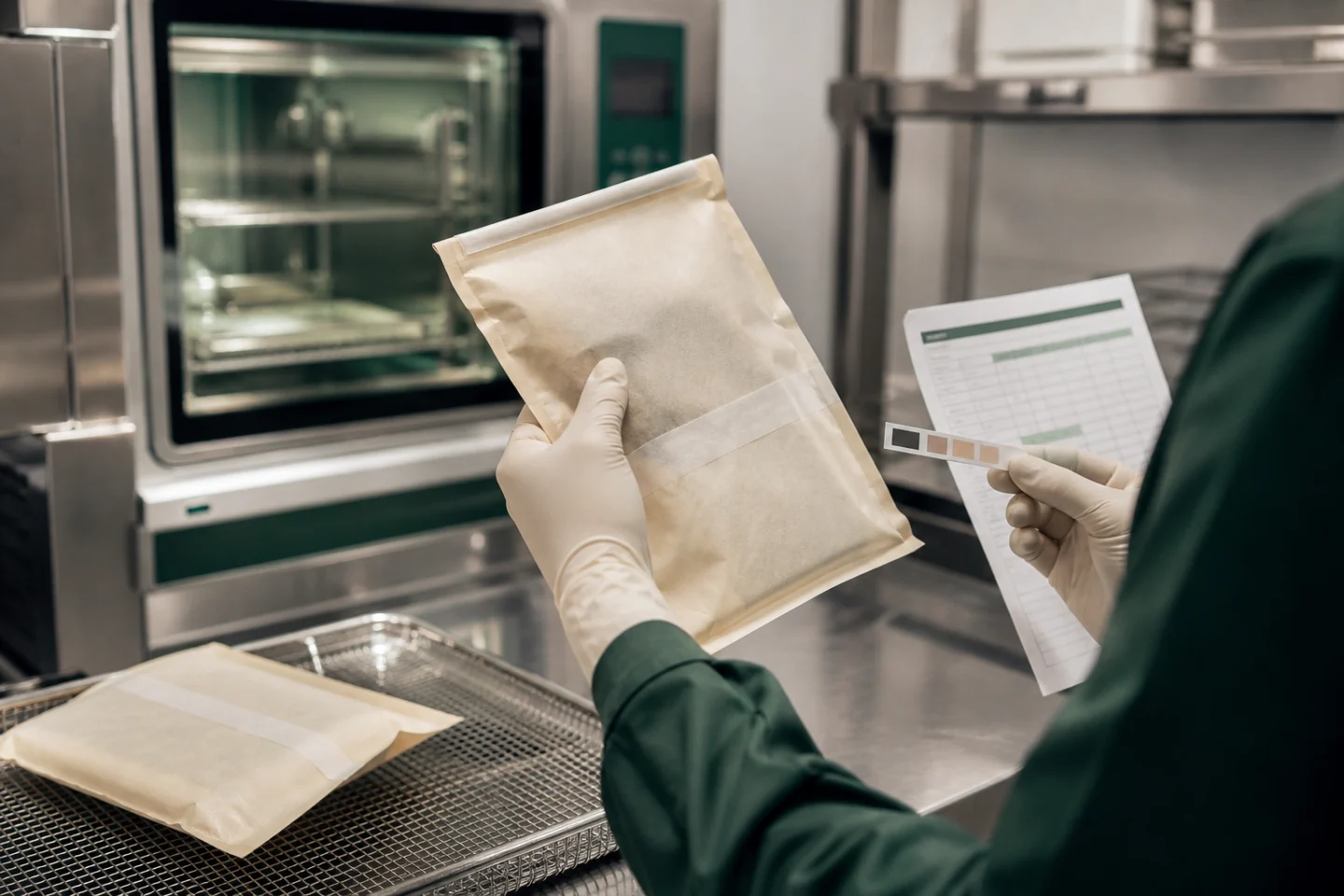 A sterile-processing professional inspecting an intact package, indicator and cycle record