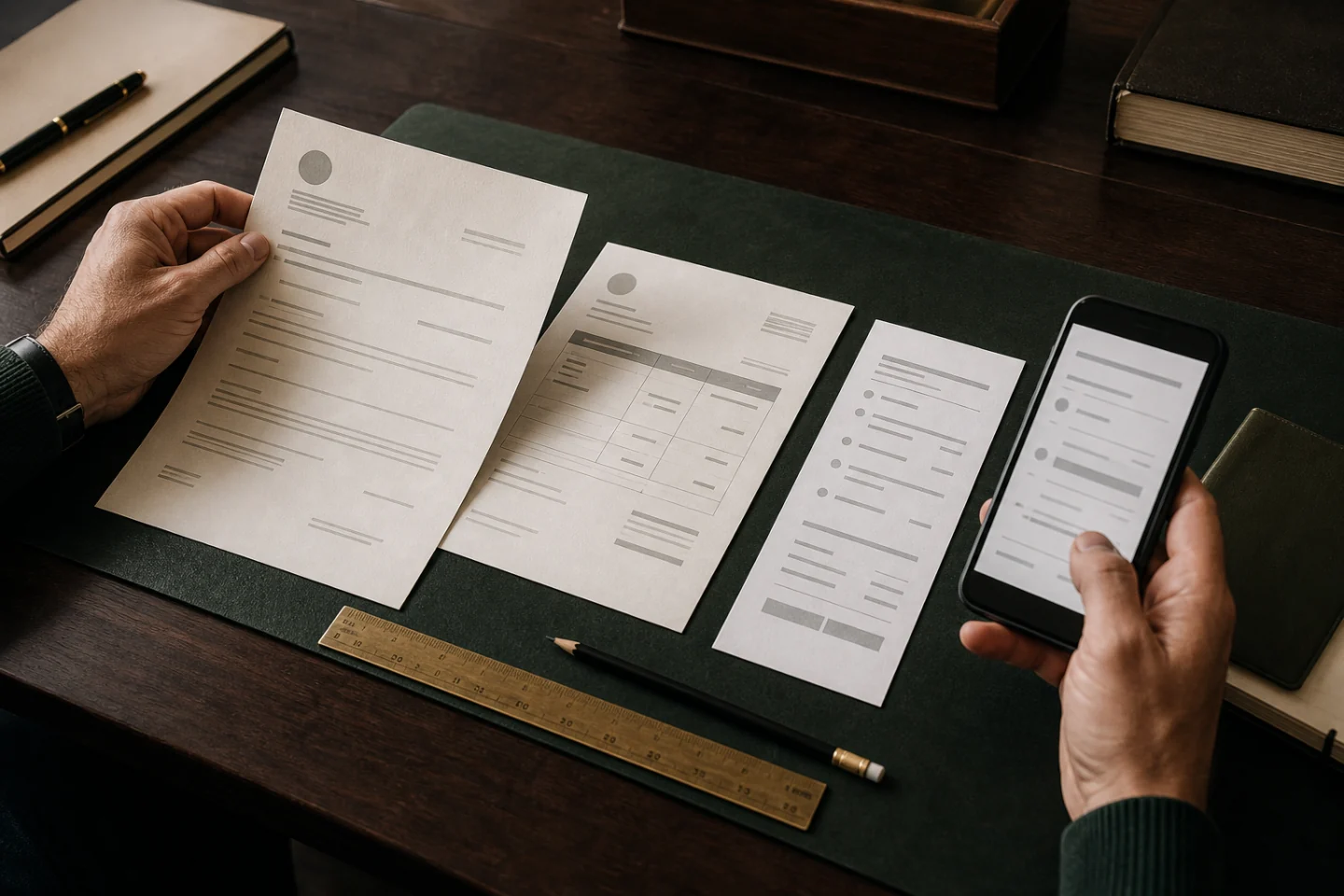 Hands comparing a clinic contract, invoice, payment record and phone before sending money