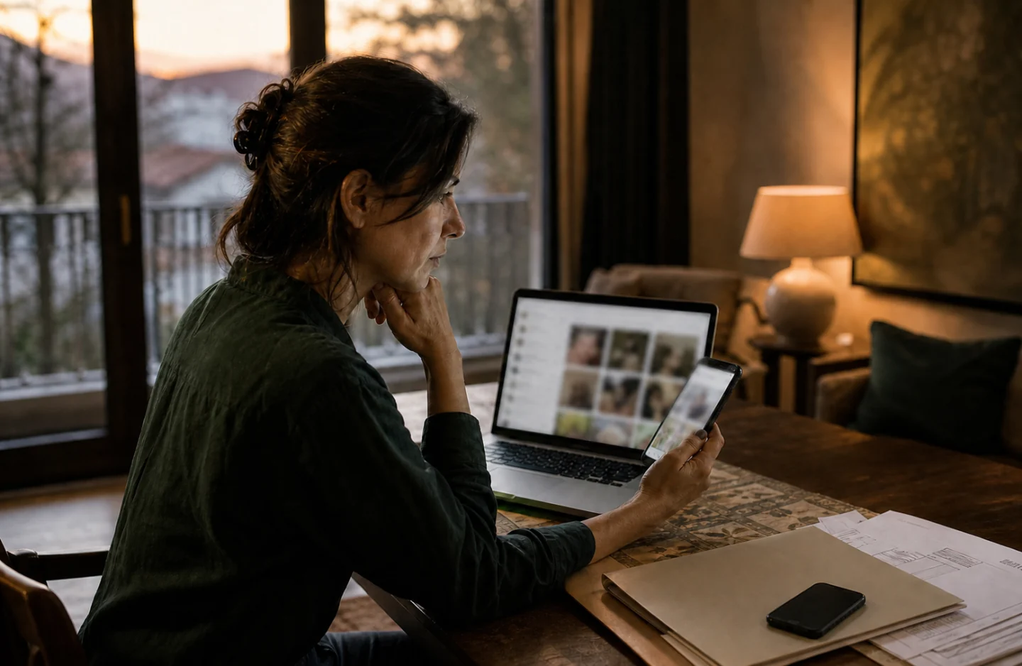 Prospective patient comparing blurred social profiles on a laptop and phone before choosing care abroad
