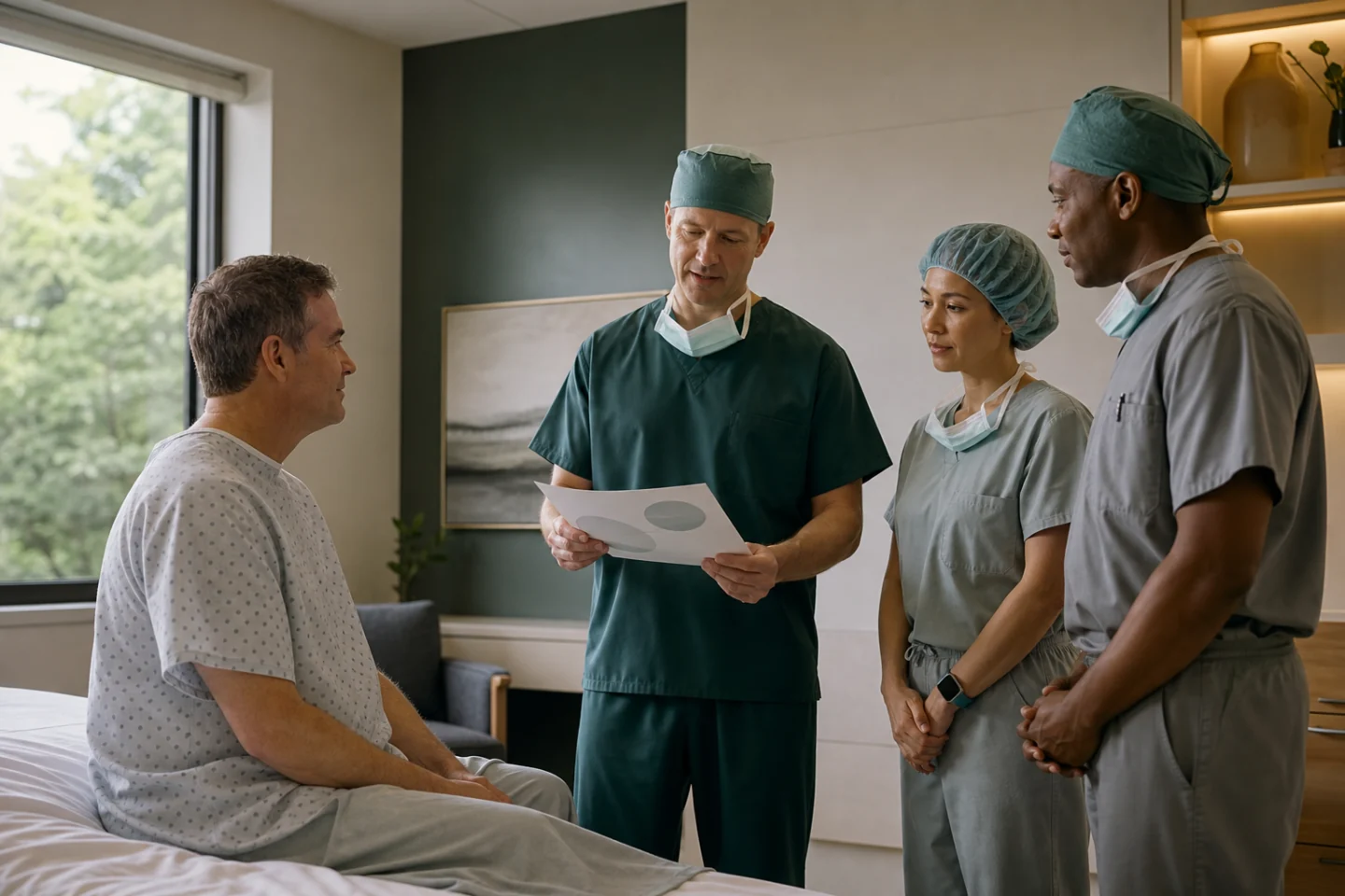A patient and surgical team confirming names and roles before a procedure